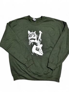 Rocking Cat w/ Guitar Green Graphic Sweatshirt with White Guitar Cat Print